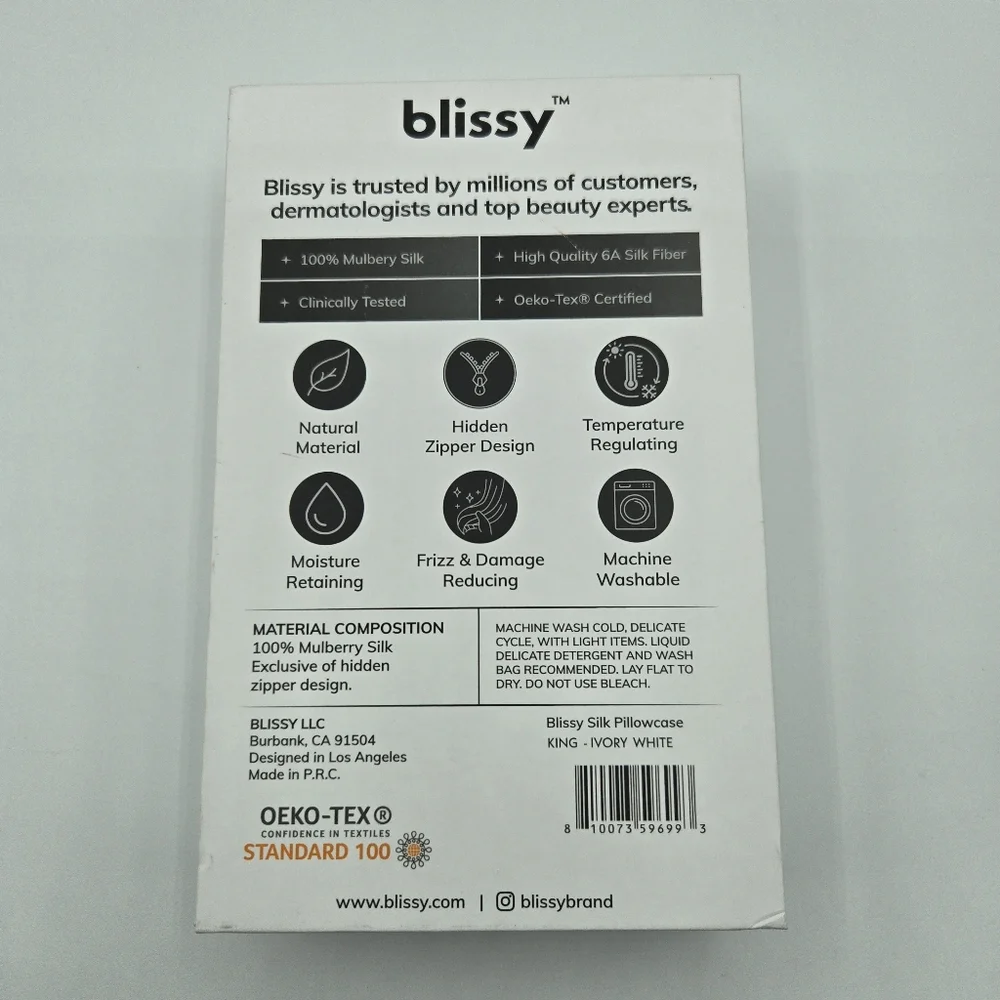 NWT Blissy Mulberry Silk Pillowcase, Ivory White, King Size